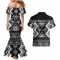 Personalised Taniko Motifs Aotearoa Couples Matching Mermaid Dress and Hawaiian Shirt Waitangi Kowhaiwhai Kiwi - Monochrome LT7 - Polynesian Pride