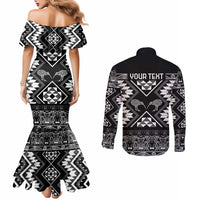 Personalised Taniko Motifs Aotearoa Couples Matching Mermaid Dress and Long Sleeve Button Shirt Waitangi Kowhaiwhai Kiwi - Monochrome LT7 - Polynesian Pride