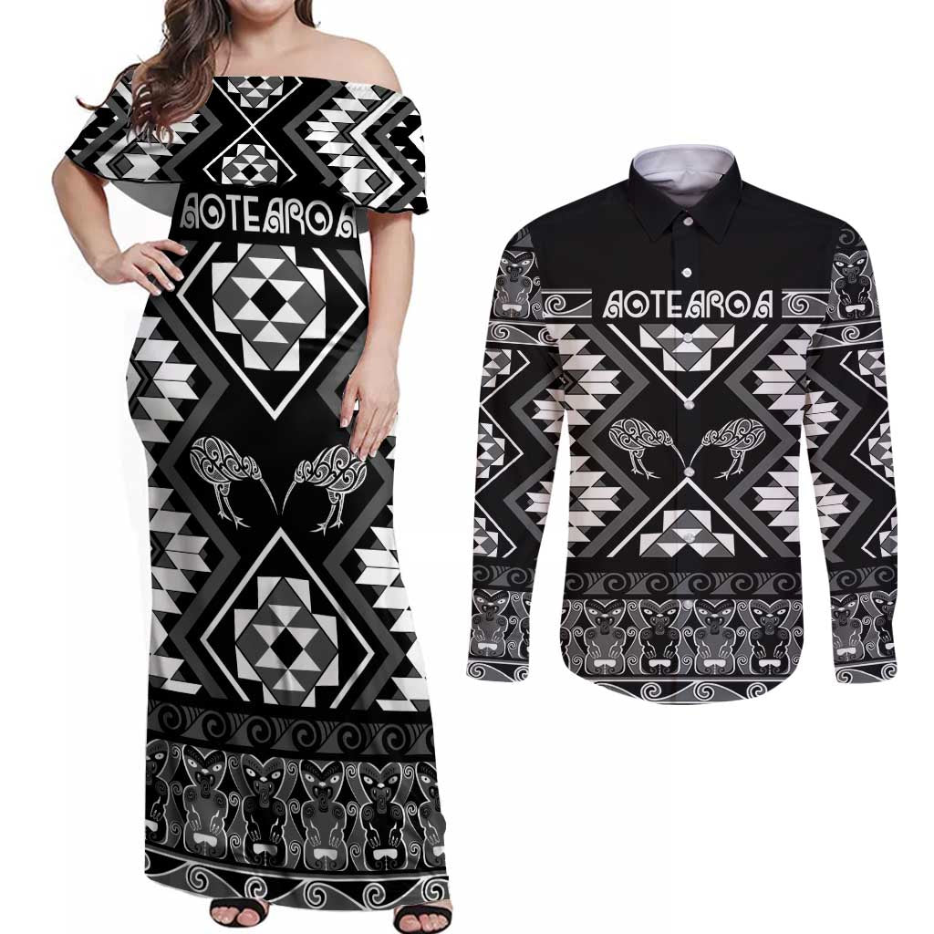 Personalised Taniko Motifs Aotearoa Couples Matching Off Shoulder Maxi Dress and Long Sleeve Button Shirt Waitangi Kowhaiwhai Kiwi - Monochrome LT7 Grey - Polynesian Pride