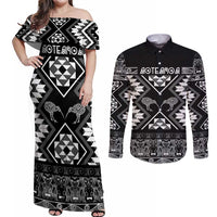 Personalised Taniko Motifs Aotearoa Couples Matching Off Shoulder Maxi Dress and Long Sleeve Button Shirt Waitangi Kowhaiwhai Kiwi - Monochrome LT7 Grey - Polynesian Pride