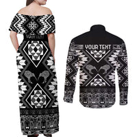 Personalised Taniko Motifs Aotearoa Couples Matching Off Shoulder Maxi Dress and Long Sleeve Button Shirt Waitangi Kowhaiwhai Kiwi - Monochrome LT7 - Polynesian Pride