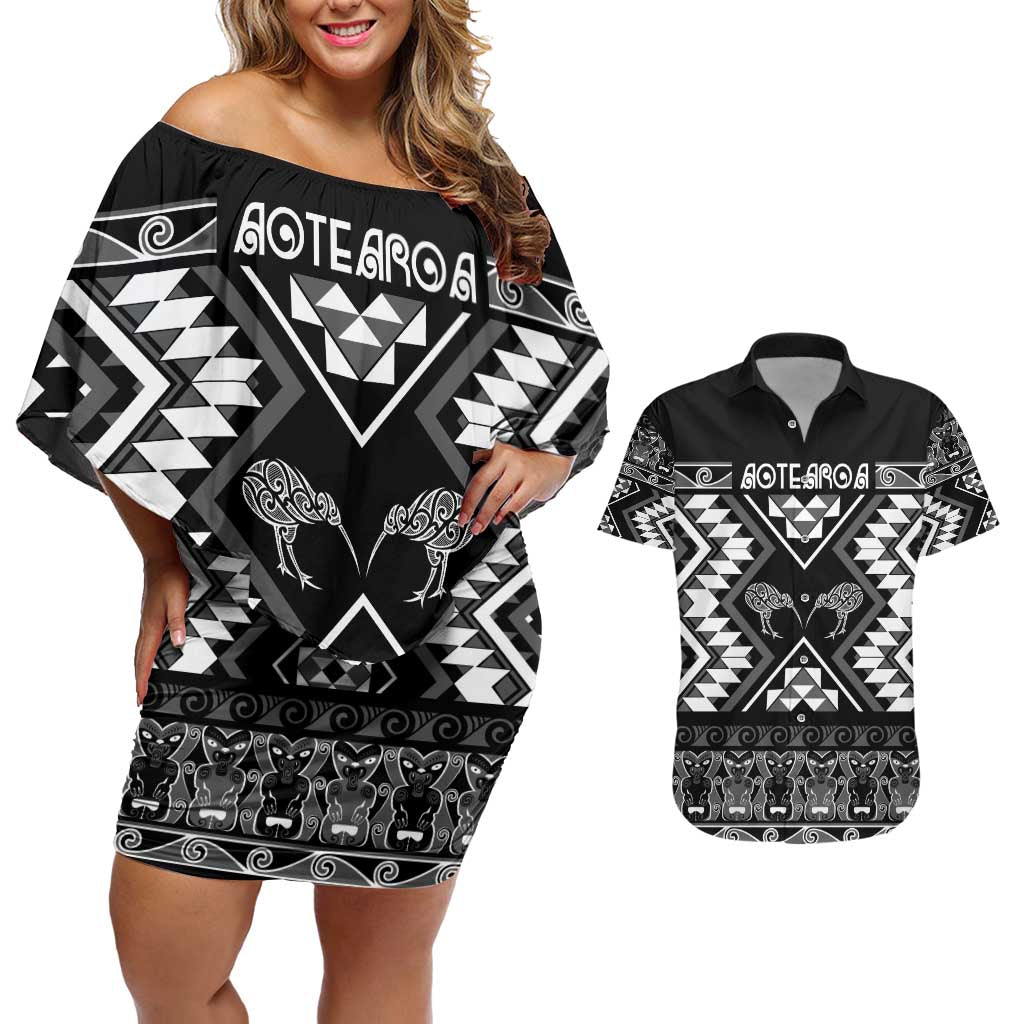 Personalised Taniko Motifs Aotearoa Couples Matching Off Shoulder Short Dress and Hawaiian Shirt Waitangi Kowhaiwhai Kiwi - Monochrome LT7 Grey - Polynesian Pride