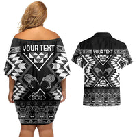 Personalised Taniko Motifs Aotearoa Couples Matching Off Shoulder Short Dress and Hawaiian Shirt Waitangi Kowhaiwhai Kiwi - Monochrome LT7 - Polynesian Pride