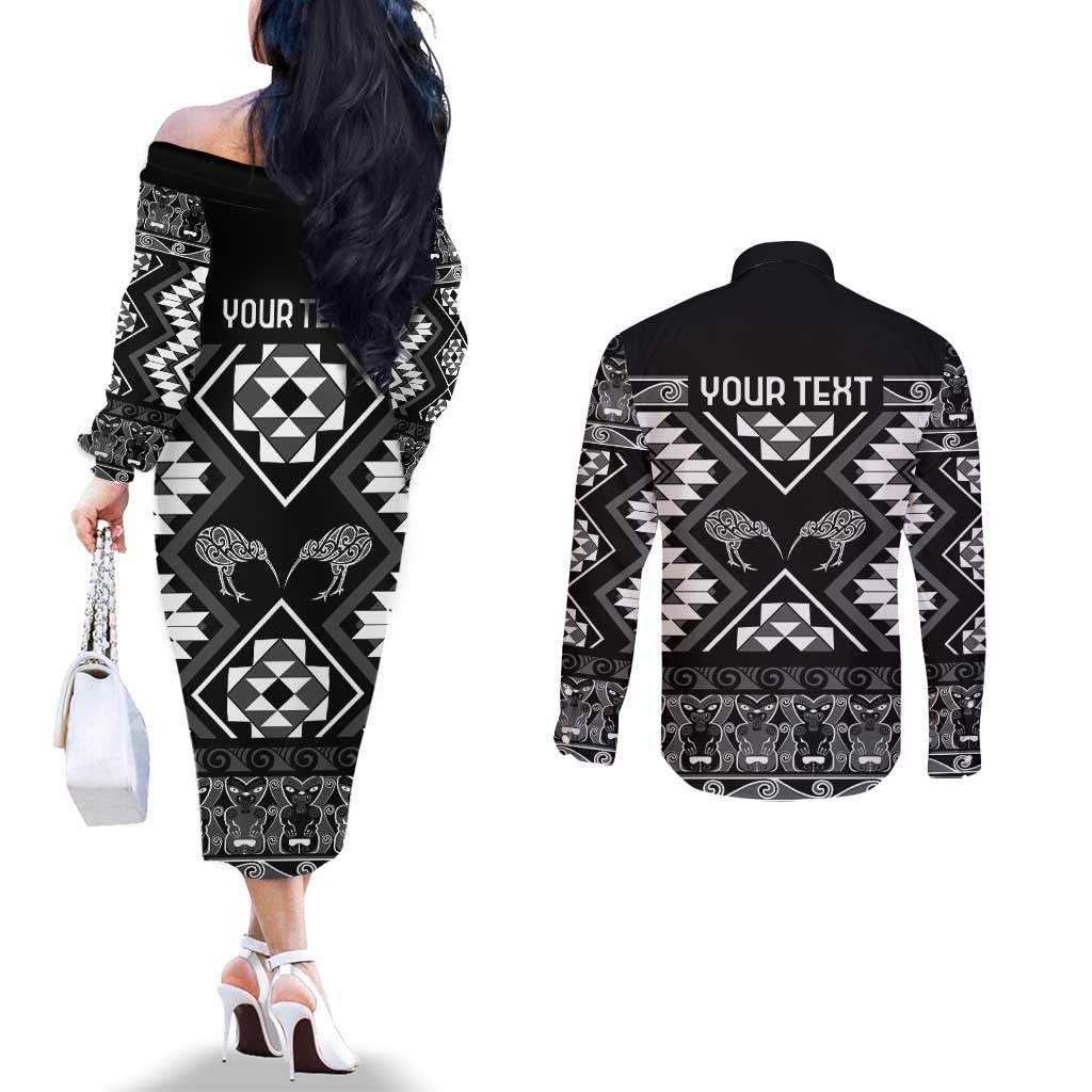 Personalised Taniko Motifs Aotearoa Couples Matching Off The Shoulder Long Sleeve Dress and Long Sleeve Button Shirt Waitangi Kowhaiwhai Kiwi - Monochrome LT7 - Polynesian Pride