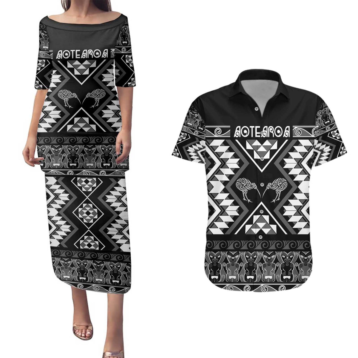 Personalised Taniko Motifs Aotearoa Couples Matching Puletasi and Hawaiian Shirt Waitangi Kowhaiwhai Kiwi - Monochrome LT7 Grey - Polynesian Pride