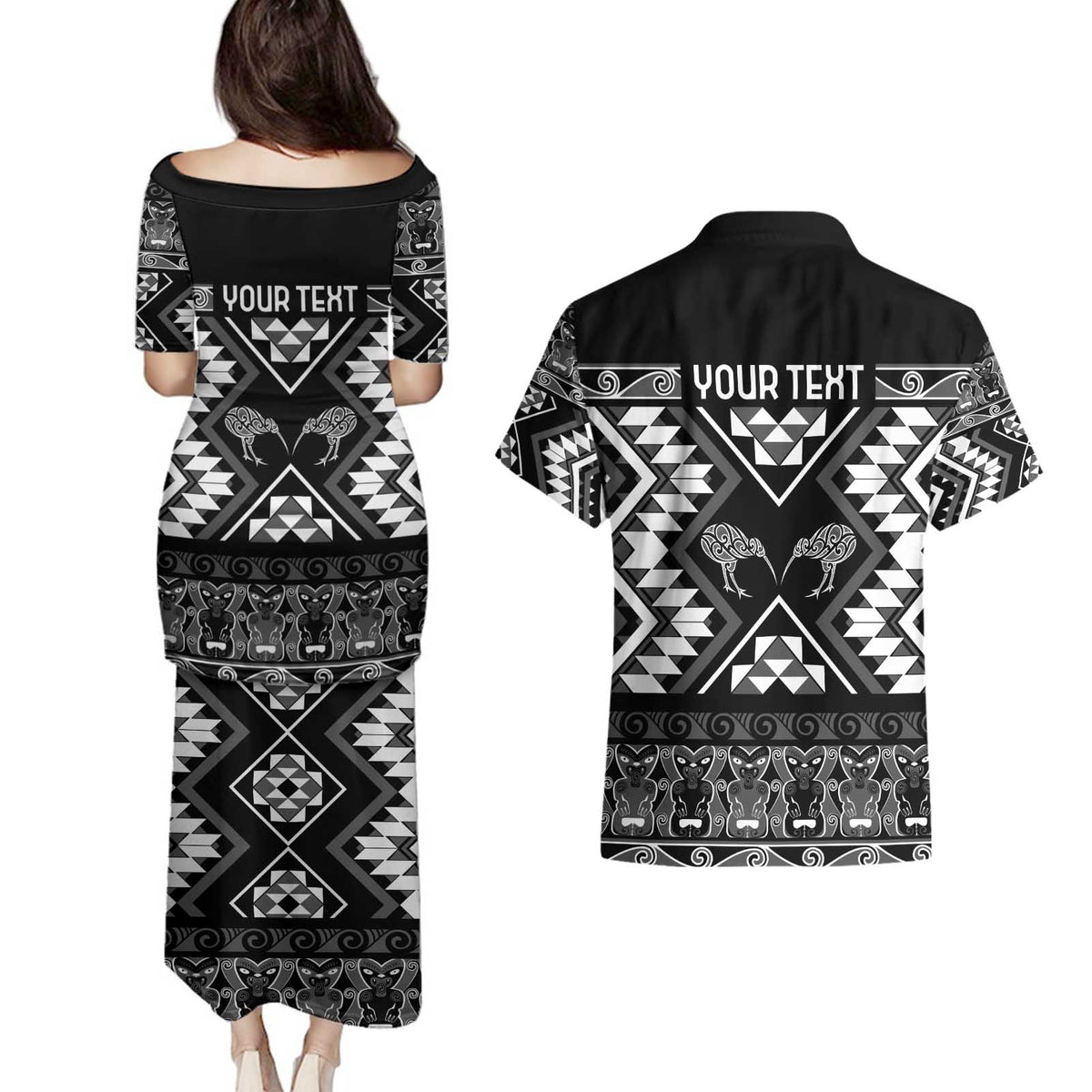Personalised Taniko Motifs Aotearoa Couples Matching Puletasi and Hawaiian Shirt Waitangi Kowhaiwhai Kiwi - Monochrome LT7 - Polynesian Pride