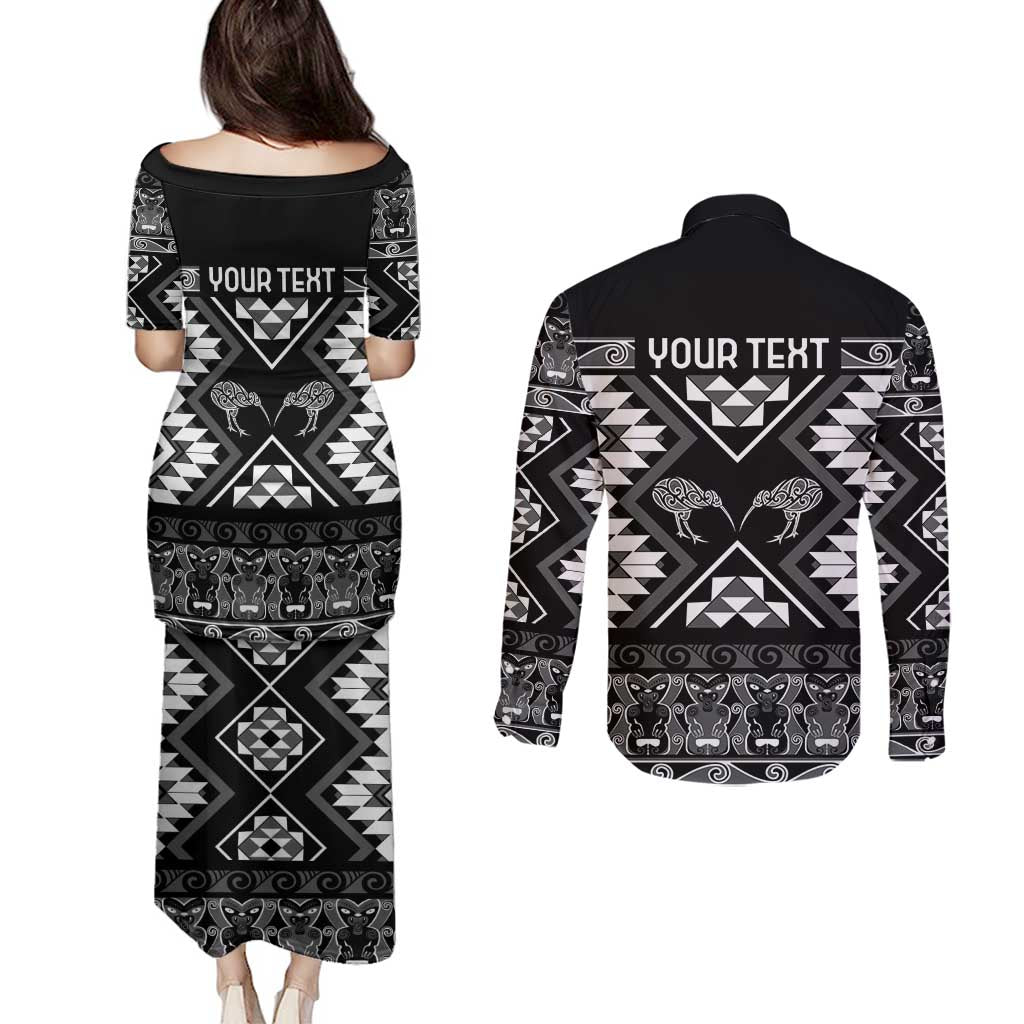 Personalised Taniko Motifs Aotearoa Couples Matching Puletasi and Long Sleeve Button Shirt Waitangi Kowhaiwhai Kiwi - Monochrome LT7 - Polynesian Pride
