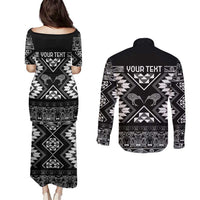 Personalised Taniko Motifs Aotearoa Couples Matching Puletasi and Long Sleeve Button Shirt Waitangi Kowhaiwhai Kiwi - Monochrome LT7 - Polynesian Pride