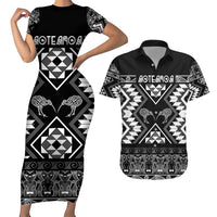 Personalised Taniko Motifs Aotearoa Couples Matching Short Sleeve Bodycon Dress and Hawaiian Shirt Waitangi Kowhaiwhai Kiwi - Monochrome LT7 Grey - Polynesian Pride