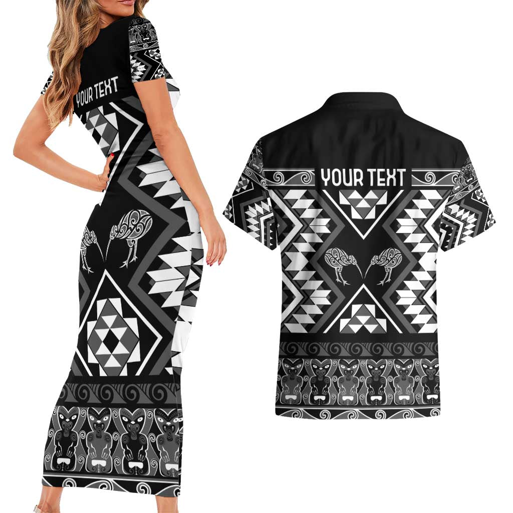 Personalised Taniko Motifs Aotearoa Couples Matching Short Sleeve Bodycon Dress and Hawaiian Shirt Waitangi Kowhaiwhai Kiwi - Monochrome LT7 - Polynesian Pride