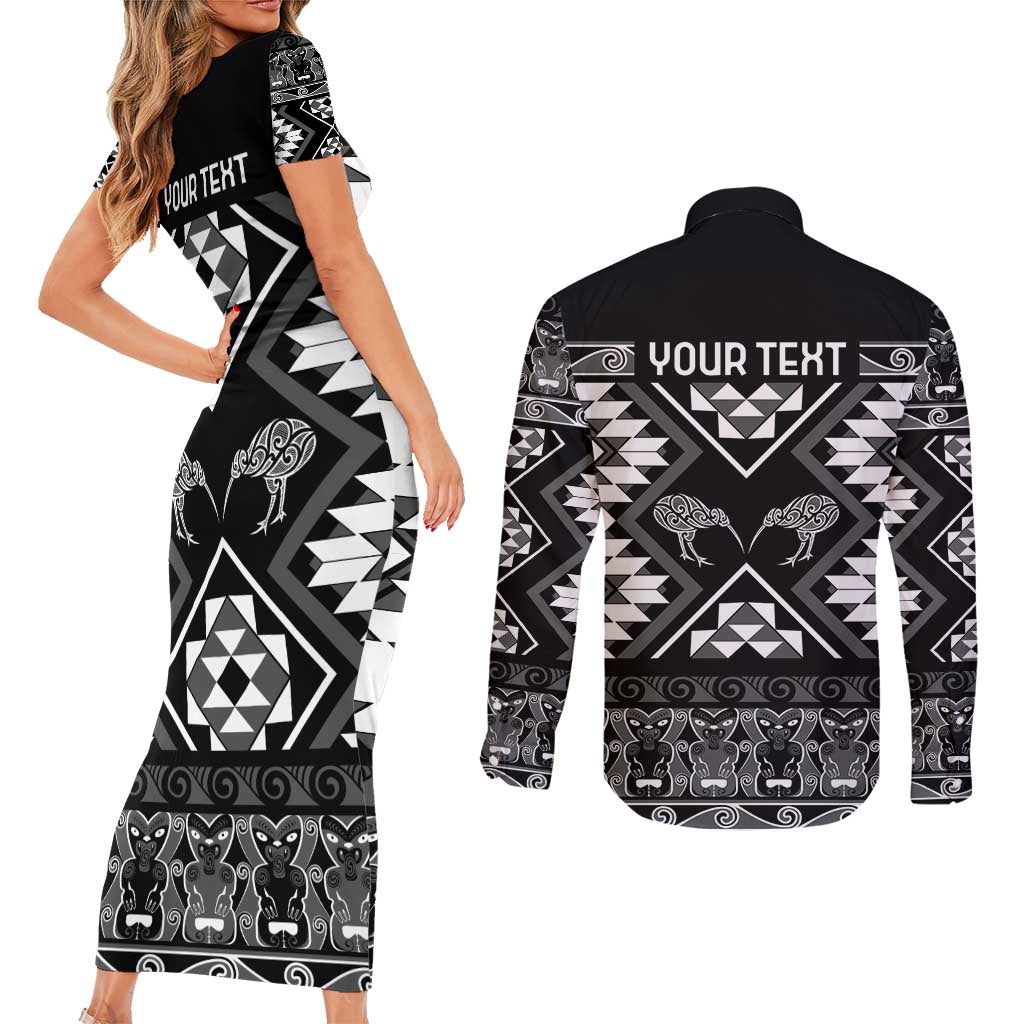 Personalised Taniko Motifs Aotearoa Couples Matching Short Sleeve Bodycon Dress and Long Sleeve Button Shirt Waitangi Kowhaiwhai Kiwi - Monochrome LT7 - Polynesian Pride