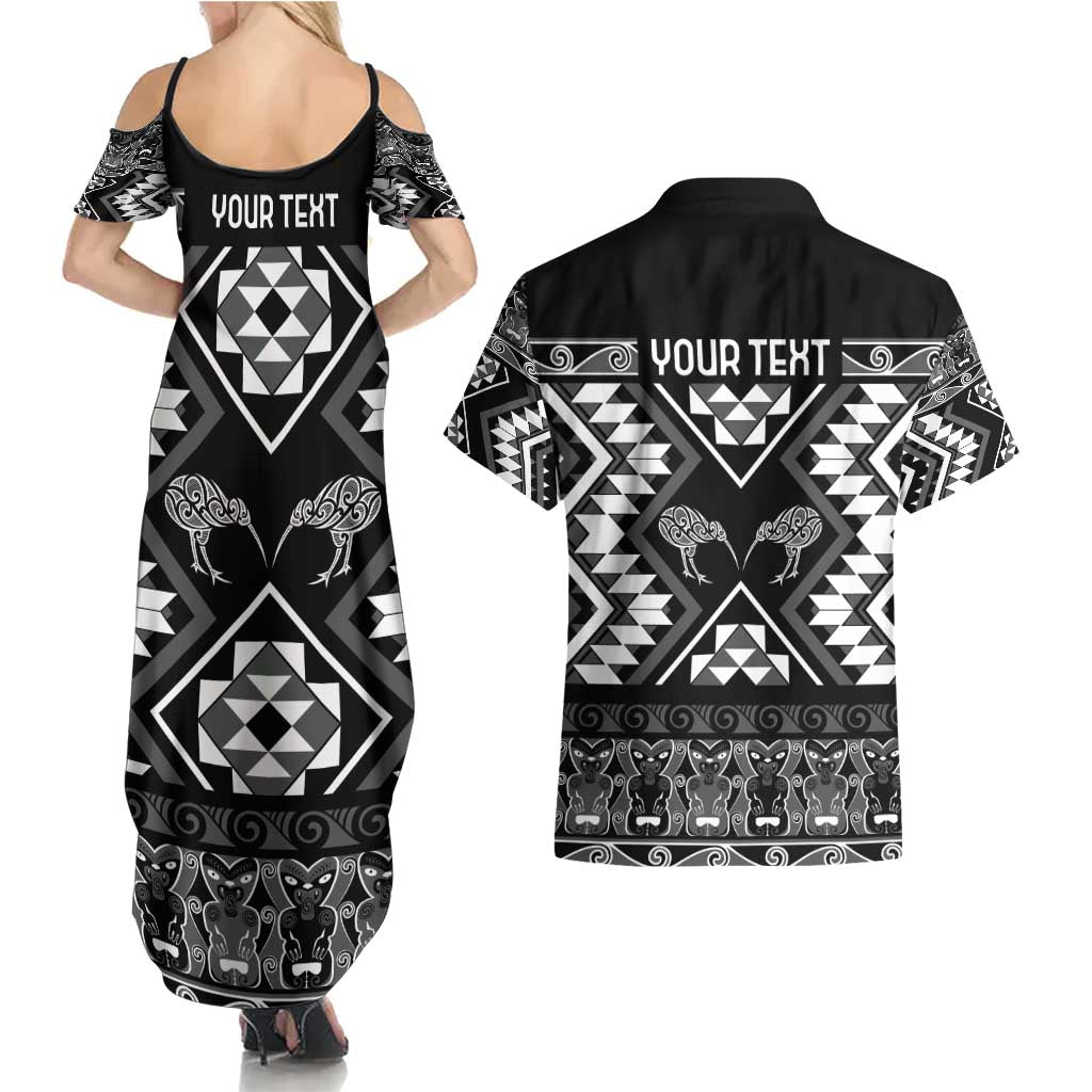 Personalised Taniko Motifs Aotearoa Couples Matching Summer Maxi Dress and Hawaiian Shirt Waitangi Kowhaiwhai Kiwi - Monochrome LT7 - Polynesian Pride