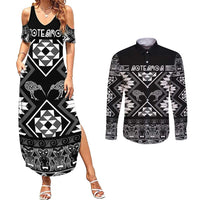 Personalised Taniko Motifs Aotearoa Couples Matching Summer Maxi Dress and Long Sleeve Button Shirt Waitangi Kowhaiwhai Kiwi - Monochrome LT7 Grey - Polynesian Pride