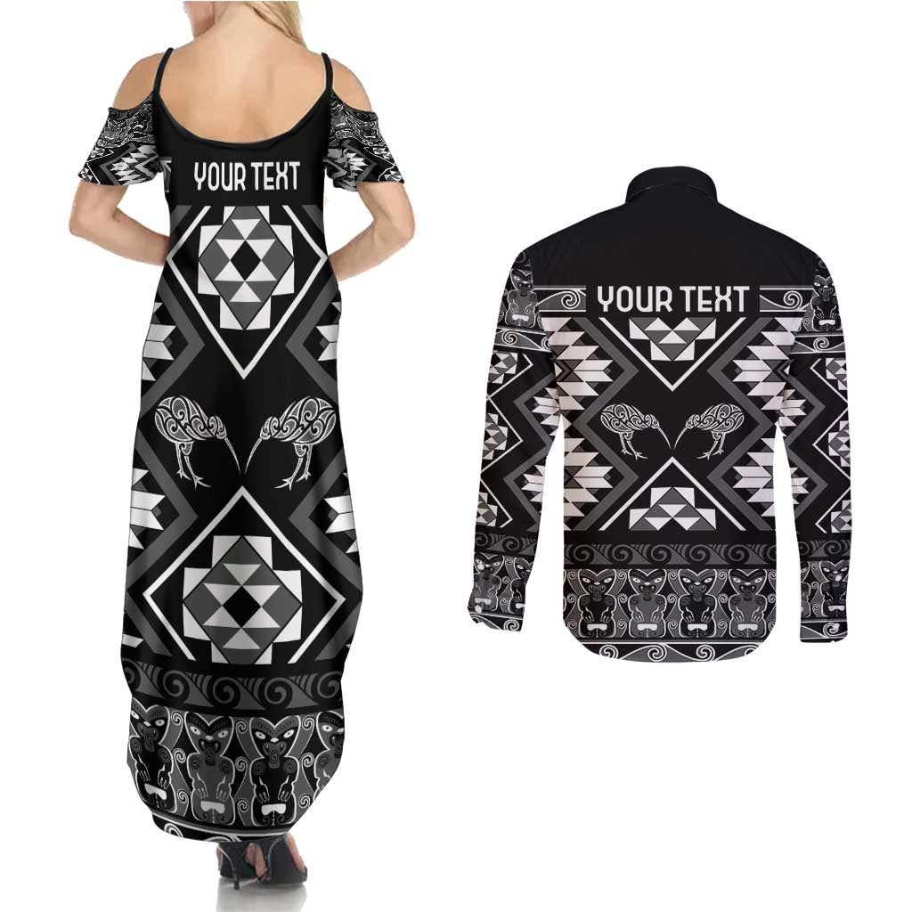 Personalised Taniko Motifs Aotearoa Couples Matching Summer Maxi Dress and Long Sleeve Button Shirt Waitangi Kowhaiwhai Kiwi - Monochrome LT7 - Polynesian Pride