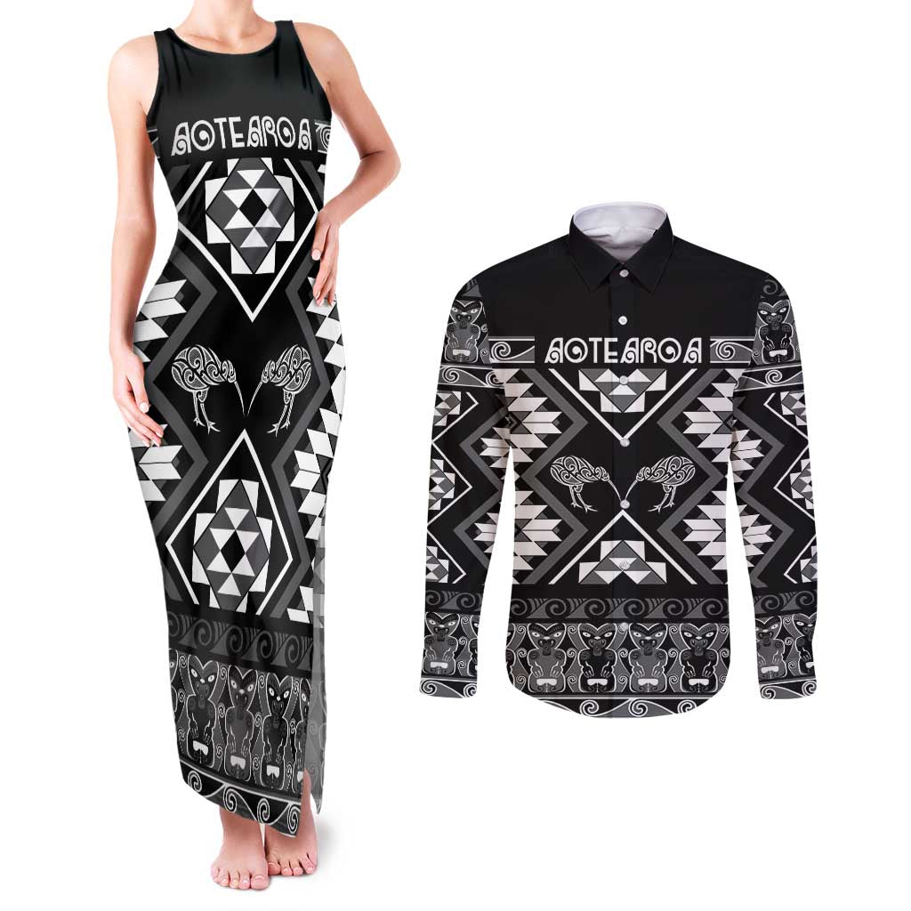 Personalised Taniko Motifs Aotearoa Couples Matching Tank Maxi Dress and Long Sleeve Button Shirt Waitangi Kowhaiwhai Kiwi - Monochrome LT7 Grey - Polynesian Pride
