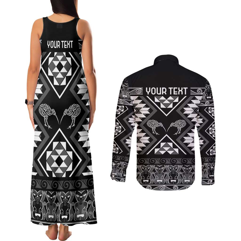 Personalised Taniko Motifs Aotearoa Couples Matching Tank Maxi Dress and Long Sleeve Button Shirt Waitangi Kowhaiwhai Kiwi - Monochrome LT7 - Polynesian Pride