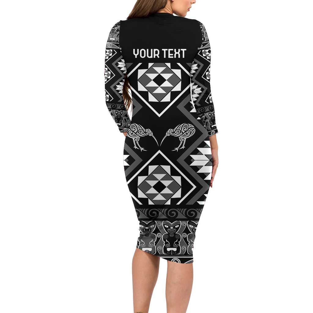Personalised Taniko Motifs Aotearoa Family Matching Long Sleeve Bodycon Dress and Hawaiian Shirt Waitangi Kowhaiwhai Kiwi - Monochrome LT7 - Polynesian Pride