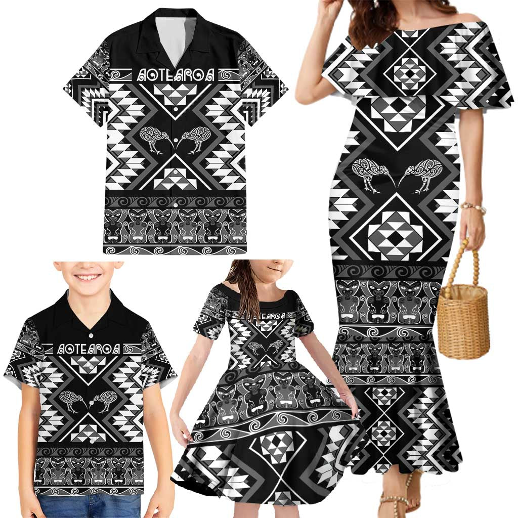 Personalised Taniko Motifs Aotearoa Family Matching Mermaid Dress and Hawaiian Shirt Waitangi Kowhaiwhai Kiwi - Monochrome LT7 - Polynesian Pride