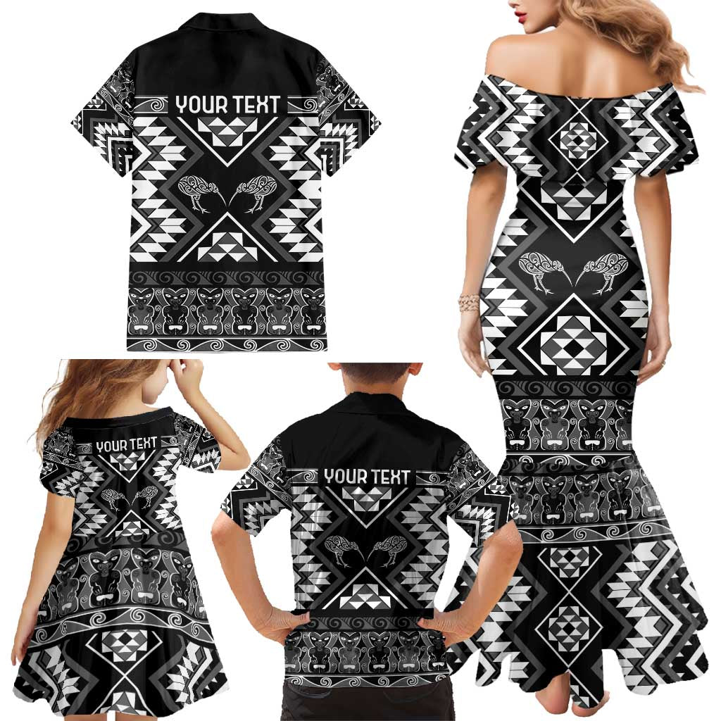 Personalised Taniko Motifs Aotearoa Family Matching Mermaid Dress and Hawaiian Shirt Waitangi Kowhaiwhai Kiwi - Monochrome LT7 - Polynesian Pride