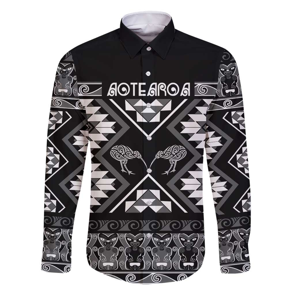 Personalised Taniko Motifs Aotearoa Family Matching Mermaid Dress and Hawaiian Shirt Waitangi Kowhaiwhai Kiwi - Monochrome LT7 Dad's Shirt - Long Sleeve Grey - Polynesian Pride