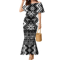 Personalised Taniko Motifs Aotearoa Family Matching Mermaid Dress and Hawaiian Shirt Waitangi Kowhaiwhai Kiwi - Monochrome LT7 Mom's Dress Grey - Polynesian Pride