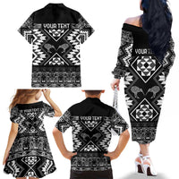 Personalised Taniko Motifs Aotearoa Family Matching Off The Shoulder Long Sleeve Dress and Hawaiian Shirt Waitangi Kowhaiwhai Kiwi - Monochrome LT7 - Polynesian Pride