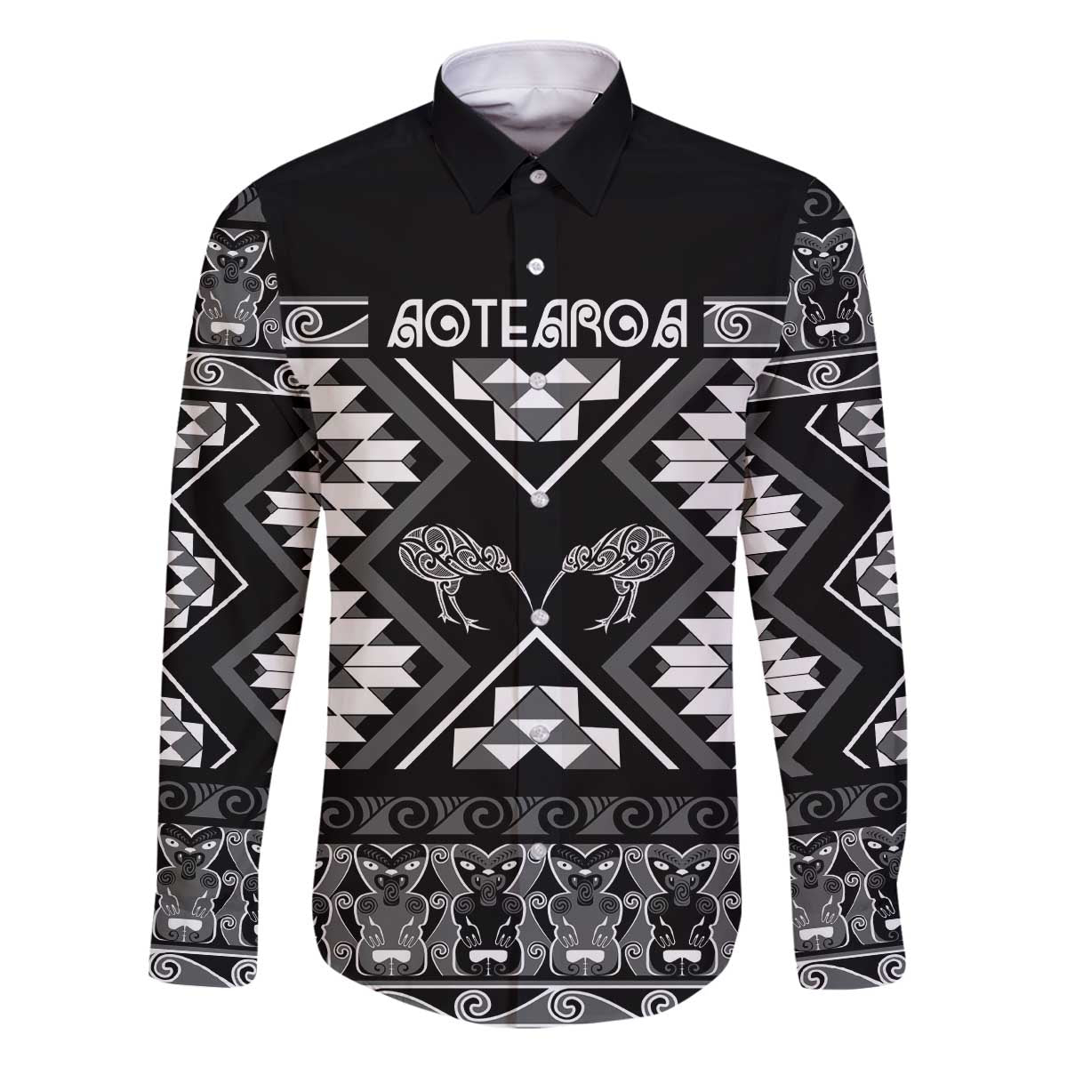 Personalised Taniko Motifs Aotearoa Family Matching Off The Shoulder Long Sleeve Dress and Hawaiian Shirt Waitangi Kowhaiwhai Kiwi - Monochrome LT7 Dad's Shirt - Long Sleeve Grey - Polynesian Pride