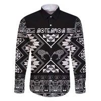Personalised Taniko Motifs Aotearoa Family Matching Off The Shoulder Long Sleeve Dress and Hawaiian Shirt Waitangi Kowhaiwhai Kiwi - Monochrome LT7 Dad's Shirt - Long Sleeve Grey - Polynesian Pride