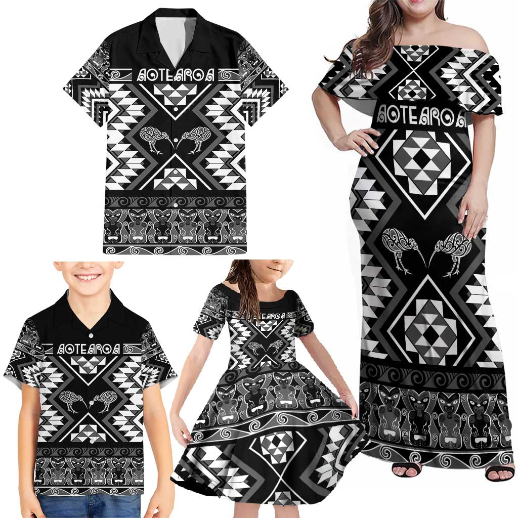 Personalised Taniko Motifs Aotearoa Family Matching Off Shoulder Maxi Dress and Hawaiian Shirt Waitangi Kowhaiwhai Kiwi - Monochrome LT7 - Polynesian Pride