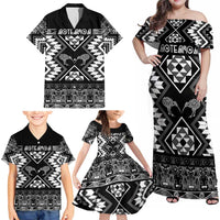 Personalised Taniko Motifs Aotearoa Family Matching Off Shoulder Maxi Dress and Hawaiian Shirt Waitangi Kowhaiwhai Kiwi - Monochrome LT7 - Polynesian Pride
