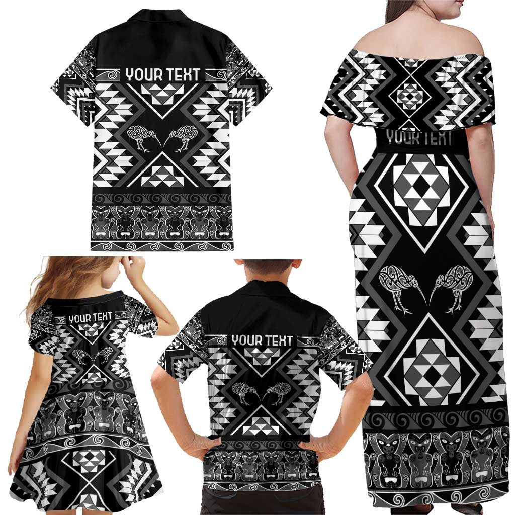 Personalised Taniko Motifs Aotearoa Family Matching Off Shoulder Maxi Dress and Hawaiian Shirt Waitangi Kowhaiwhai Kiwi - Monochrome LT7 - Polynesian Pride