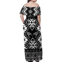 Personalised Taniko Motifs Aotearoa Family Matching Off Shoulder Maxi Dress and Hawaiian Shirt Waitangi Kowhaiwhai Kiwi - Monochrome LT7 - Polynesian Pride