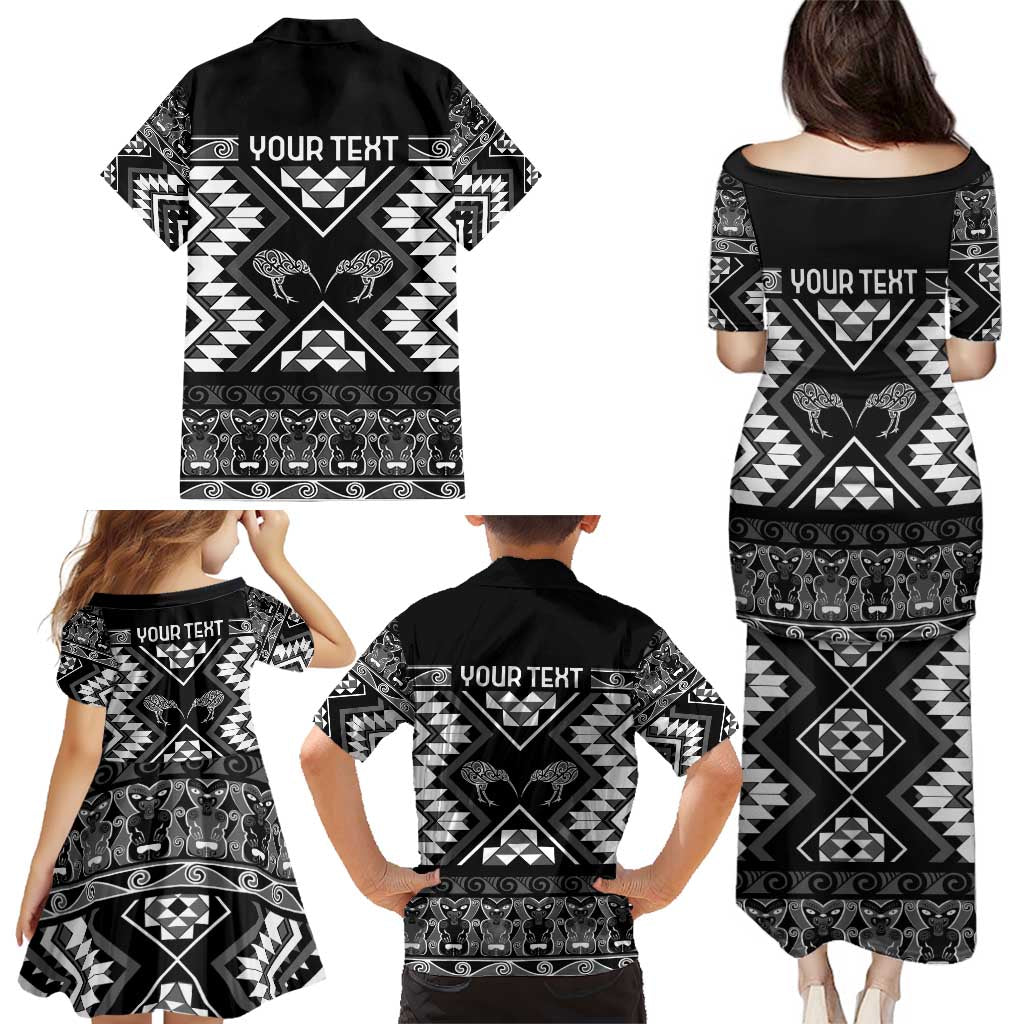 Personalised Taniko Motifs Aotearoa Family Matching Puletasi and Hawaiian Shirt Waitangi Kowhaiwhai Kiwi - Monochrome LT7 - Polynesian Pride
