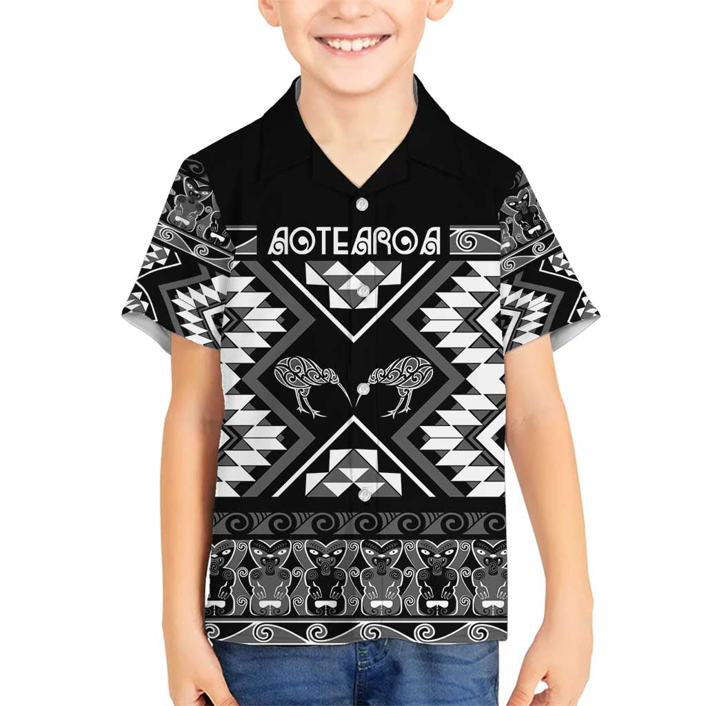 Personalised Taniko Motifs Aotearoa Family Matching Puletasi and Hawaiian Shirt Waitangi Kowhaiwhai Kiwi - Monochrome LT7 Son's Shirt Grey - Polynesian Pride