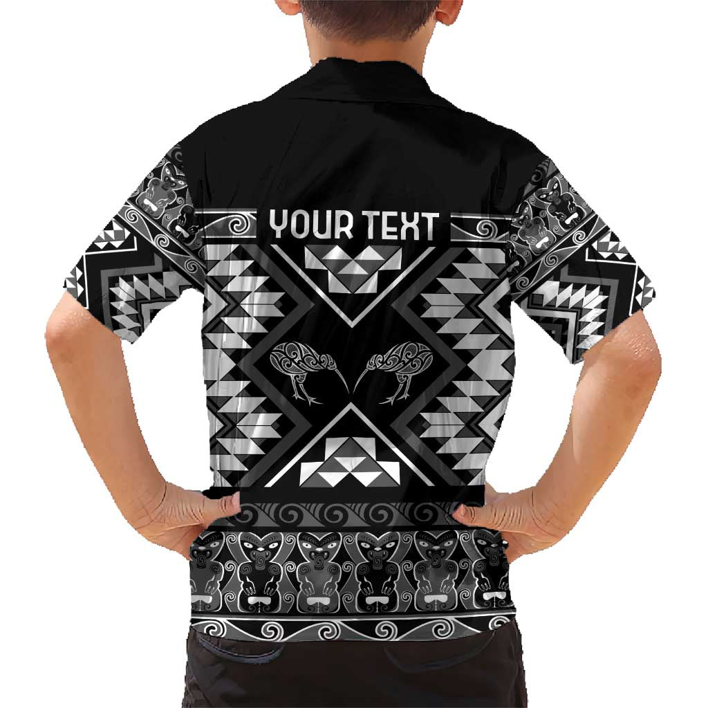 Personalised Taniko Motifs Aotearoa Family Matching Short Sleeve Bodycon Dress and Hawaiian Shirt Waitangi Kowhaiwhai Kiwi - Monochrome LT7 - Polynesian Pride