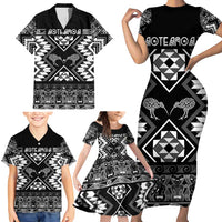 Personalised Taniko Motifs Aotearoa Family Matching Short Sleeve Bodycon Dress and Hawaiian Shirt Waitangi Kowhaiwhai Kiwi - Monochrome LT7 - Polynesian Pride