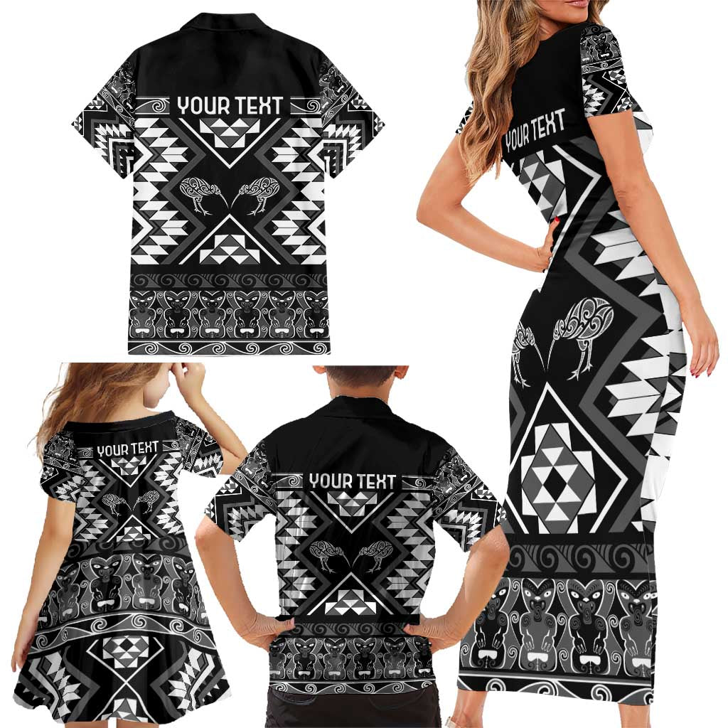 Personalised Taniko Motifs Aotearoa Family Matching Short Sleeve Bodycon Dress and Hawaiian Shirt Waitangi Kowhaiwhai Kiwi - Monochrome LT7 - Polynesian Pride