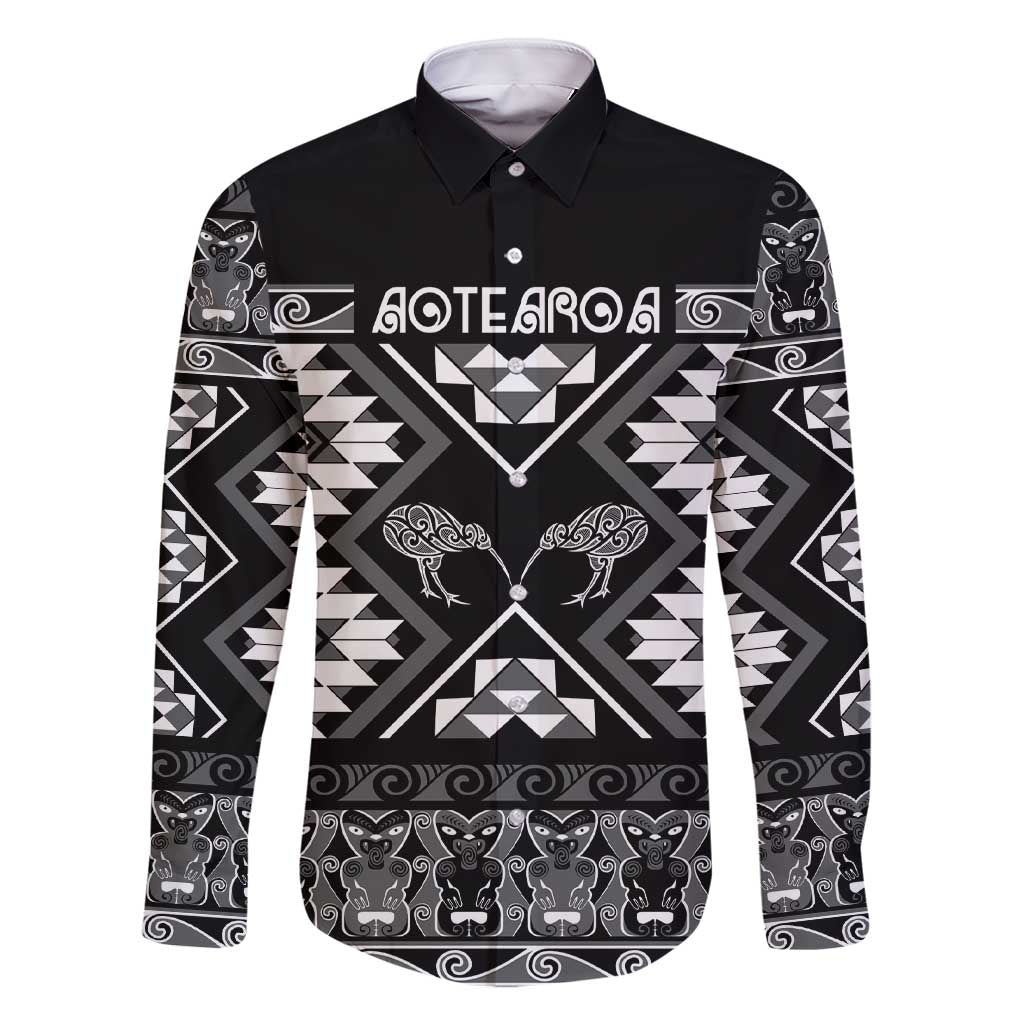 Personalised Taniko Motifs Aotearoa Family Matching Short Sleeve Bodycon Dress and Hawaiian Shirt Waitangi Kowhaiwhai Kiwi - Monochrome LT7 Dad's Shirt - Long Sleeve Grey - Polynesian Pride