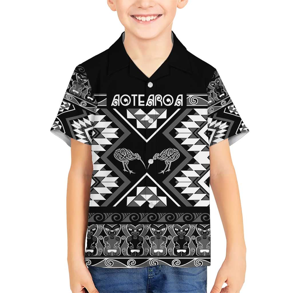 Personalised Taniko Motifs Aotearoa Family Matching Short Sleeve Bodycon Dress and Hawaiian Shirt Waitangi Kowhaiwhai Kiwi - Monochrome LT7 Son's Shirt Grey - Polynesian Pride