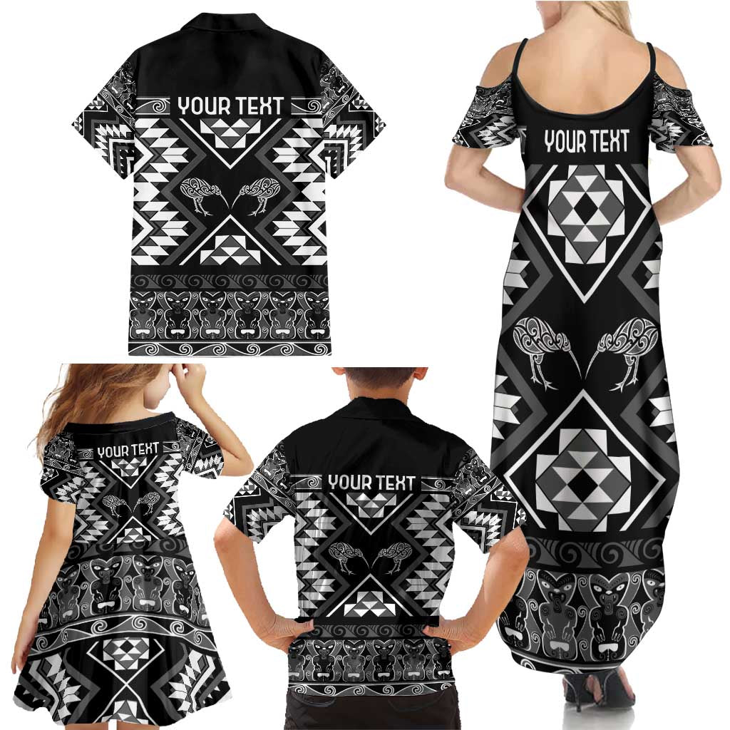 Personalised Taniko Motifs Aotearoa Family Matching Summer Maxi Dress and Hawaiian Shirt Waitangi Kowhaiwhai Kiwi - Monochrome LT7 - Polynesian Pride