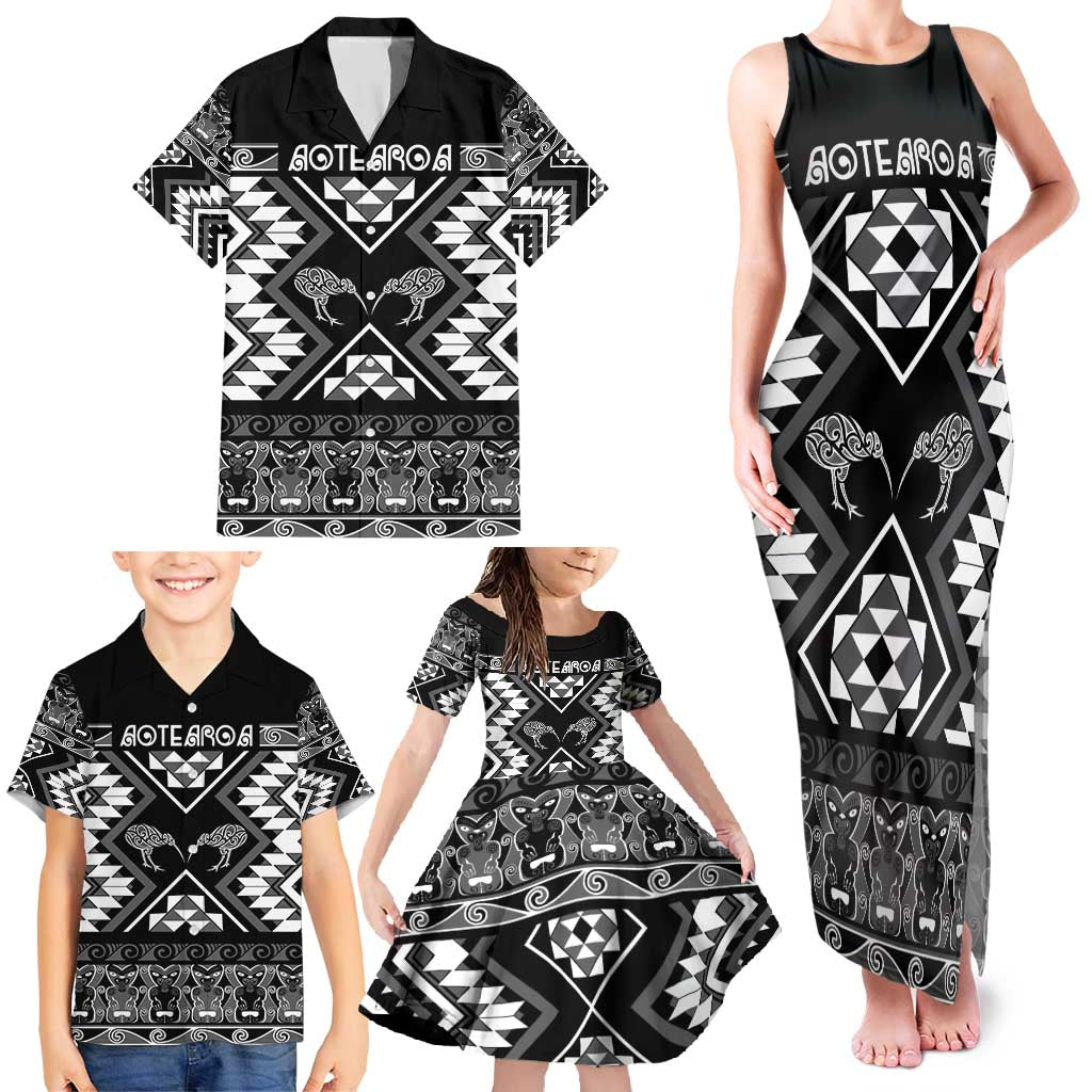 Personalised Taniko Motifs Aotearoa Family Matching Tank Maxi Dress and Hawaiian Shirt Waitangi Kowhaiwhai Kiwi - Monochrome LT7 - Polynesian Pride