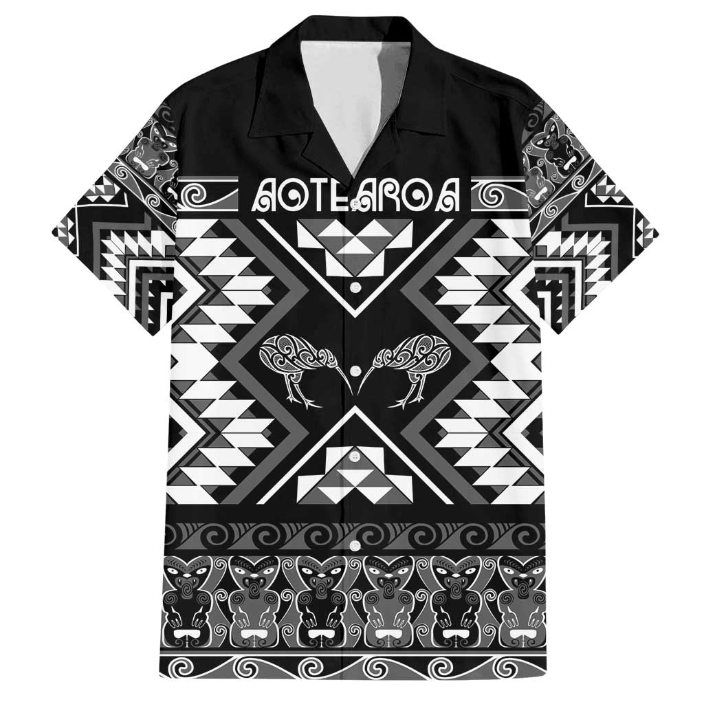 Personalised Taniko Motifs Aotearoa Family Matching Tank Maxi Dress and Hawaiian Shirt Waitangi Kowhaiwhai Kiwi - Monochrome LT7 Dad's Shirt - Short Sleeve Grey - Polynesian Pride