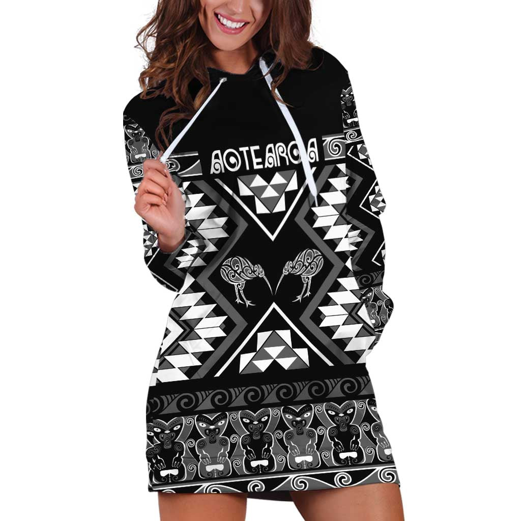 Personalised Taniko Motifs Aotearoa Hoodie Dress Waitangi Kowhaiwhai Kiwi - Monochrome LT7 Grey - Polynesian Pride