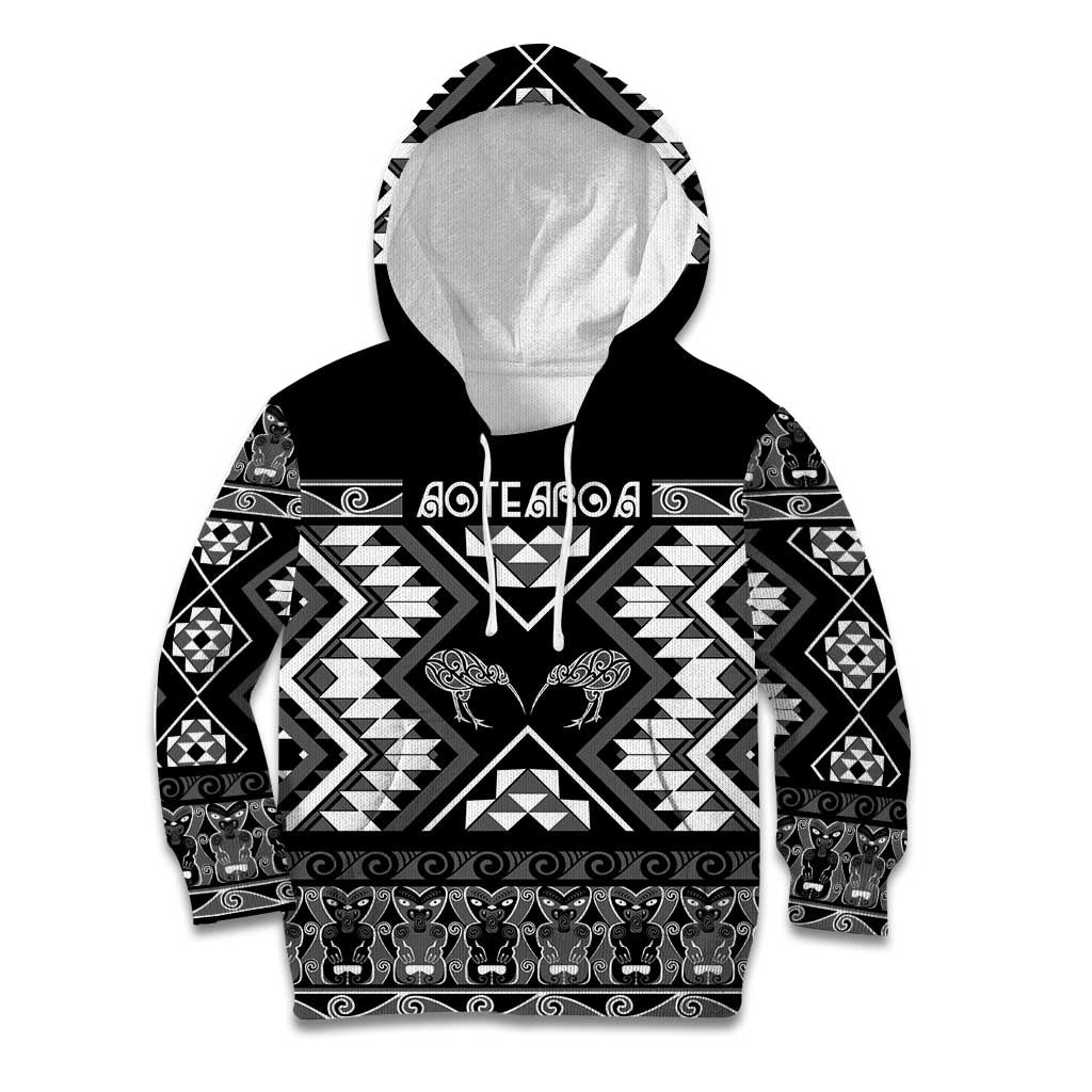 Personalised Taniko Motifs Aotearoa Kid Hoodie Waitangi Kowhaiwhai Kiwi - Monochrome LT7 Hoodie Grey - Polynesian Pride