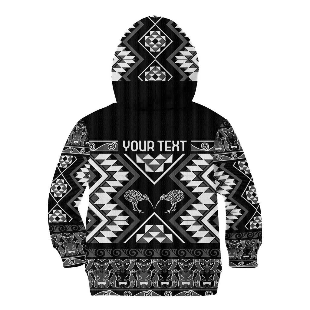 Personalised Taniko Motifs Aotearoa Kid Hoodie Waitangi Kowhaiwhai Kiwi - Monochrome LT7 - Polynesian Pride