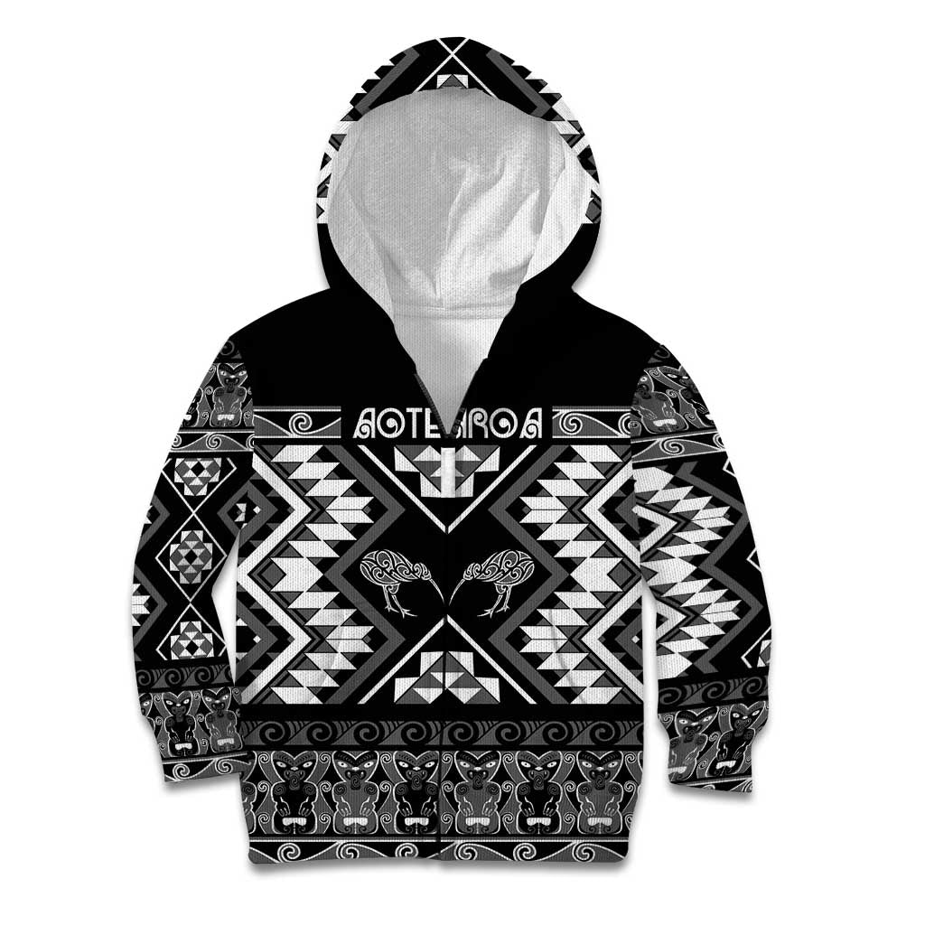 Personalised Taniko Motifs Aotearoa Kid Hoodie Waitangi Kowhaiwhai Kiwi - Monochrome LT7 Zip Hoodie Grey - Polynesian Pride