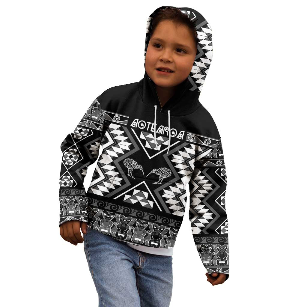 Personalised Taniko Motifs Aotearoa Kid Hoodie Waitangi Kowhaiwhai Kiwi - Monochrome LT7 - Polynesian Pride