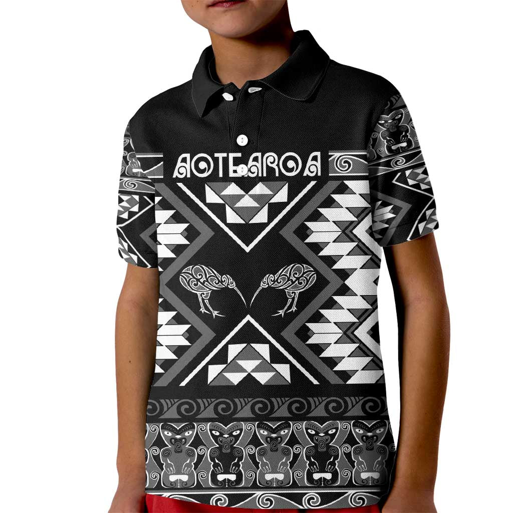 Personalised Taniko Motifs Aotearoa Kid Polo Shirt Waitangi Kowhaiwhai Kiwi - Monochrome LT7 Kid Grey - Polynesian Pride