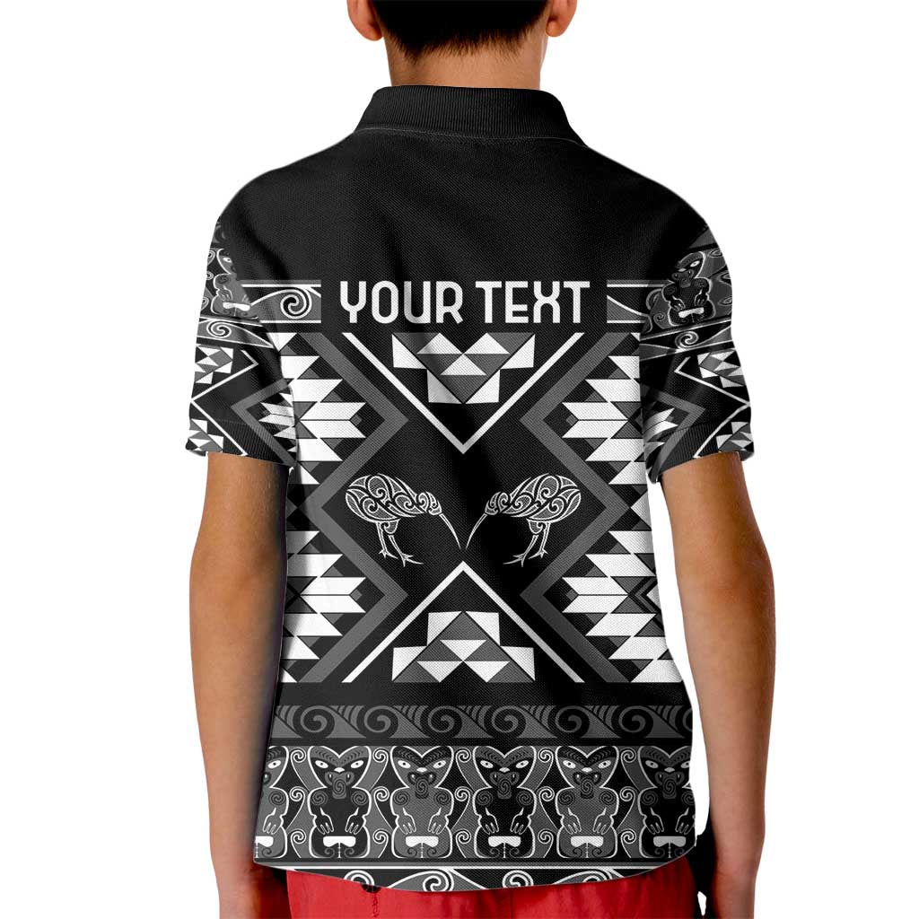 Personalised Taniko Motifs Aotearoa Kid Polo Shirt Waitangi Kowhaiwhai Kiwi - Monochrome LT7 - Polynesian Pride