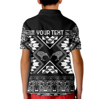 Personalised Taniko Motifs Aotearoa Kid Polo Shirt Waitangi Kowhaiwhai Kiwi - Monochrome LT7 - Polynesian Pride